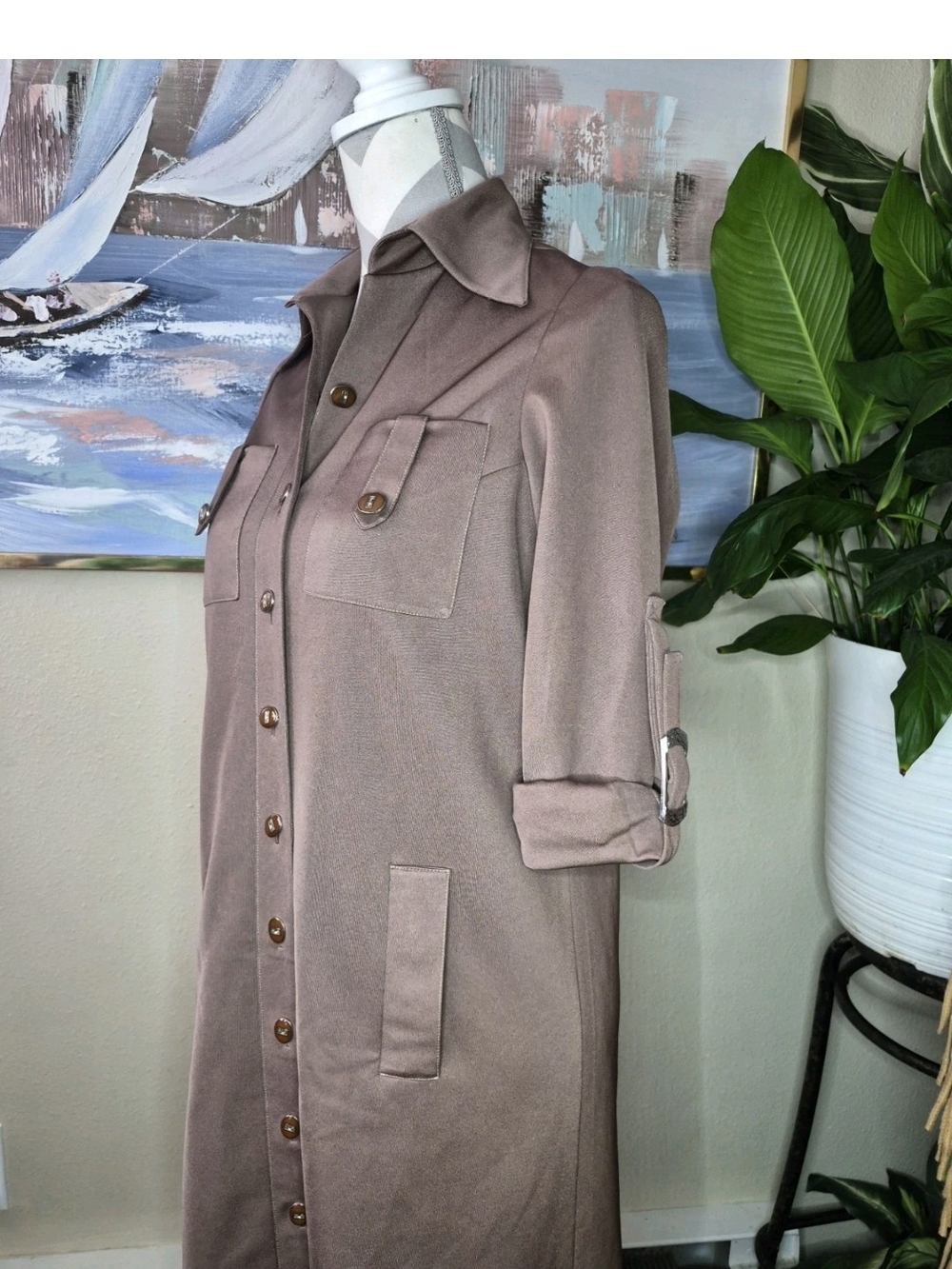 Vintage 70s Handmade Brown Tailor Collar Button Down Knee Length Dress